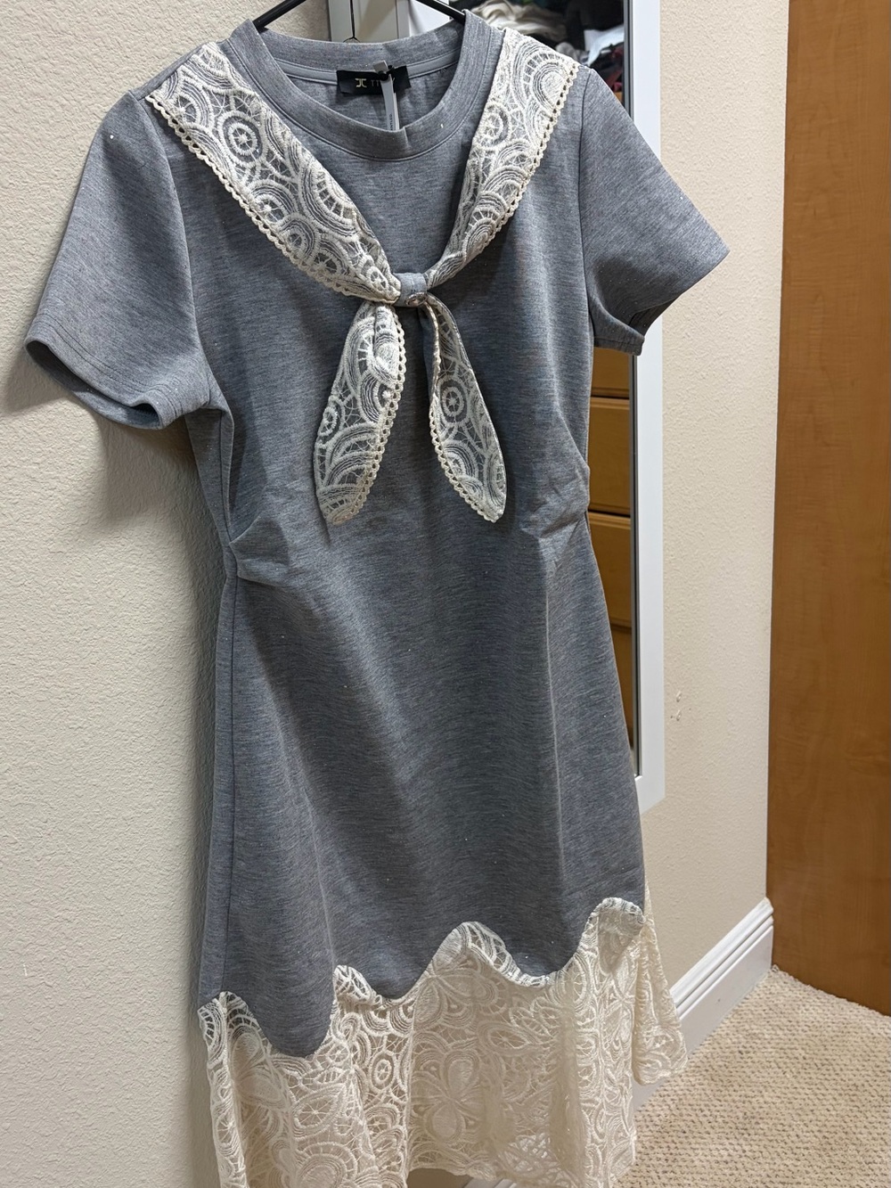 Gray Midi Dress with Cream Lace Sailor Collar